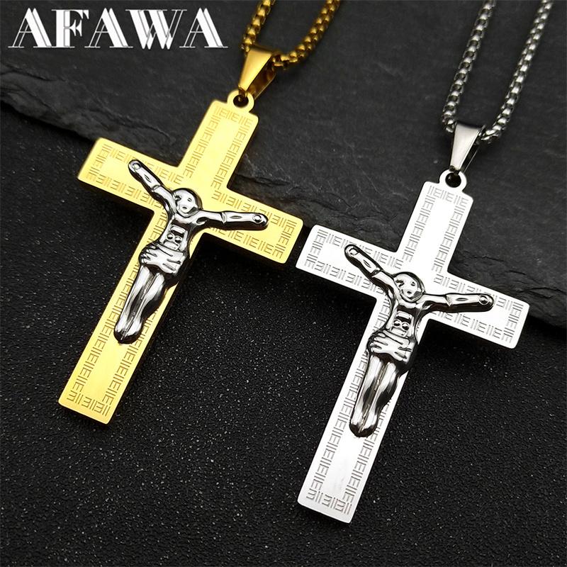 Christian Jesus Crucifix Cross Big Pendant Necklace for Women Men Stainless Gold Color Man Chain Necklaces Amulet Jewelry Gift