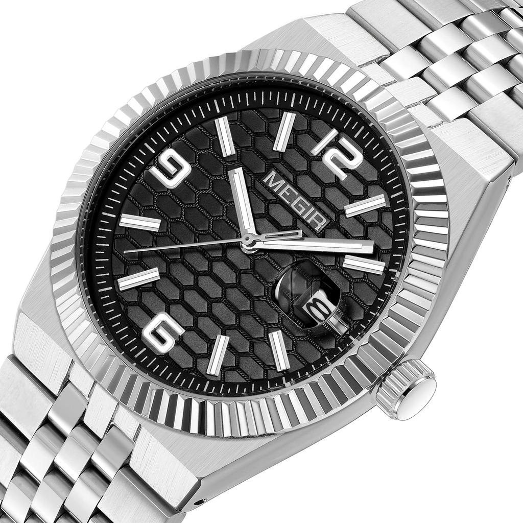 Megir Large Dial Business Leisure Watch Stainless Steel Waterproof Luminous Man Wristwatch Clock Auto Date Gift for Men Reloj Hombre 1101