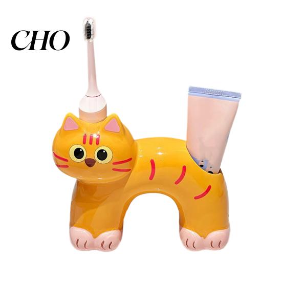 Porta Spazzolino Compatto, Forma di Gatto con Foro di Drenaggio, Impermeabile Resistente alla Muffa Organizer in Ceramica a Doppio Foro per Accessorio da Bagno