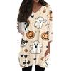 Womens Tops V-neck 3/4 Sleeve Blouses Casual Mid-length Shirts Fashion Halloween Print Tunic Tops With Pockets