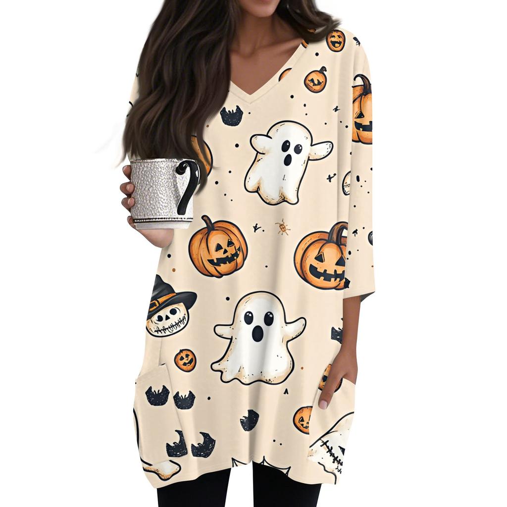 Womens Tops V-neck 3/4 Sleeve Blouses Casual Mid-length Shirts Fashion Halloween Print Tunic Tops With Pockets