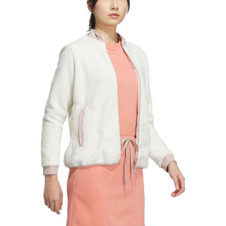 Adidas Color Block Letter Print Zipper Round Neck Long Sleeve Fleece Jacket Women Jackets White IA2784