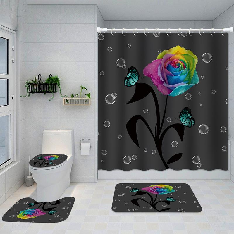 Bathroom Four-Piece Polyester Shower Curtain Rose Series 3D Digital Printing Shower Curtain Bathroom Partition Curtain Shower Curtain