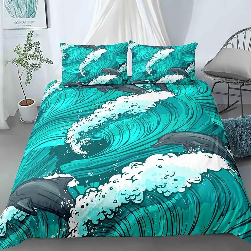 Ozeanwellen Bettbezug-Set Strand mit schäumenden Wellen Einzelbettwäsche-Set Polyester Meeresküste Urlaubsthema Queen King Size Bettdeckenbezug
