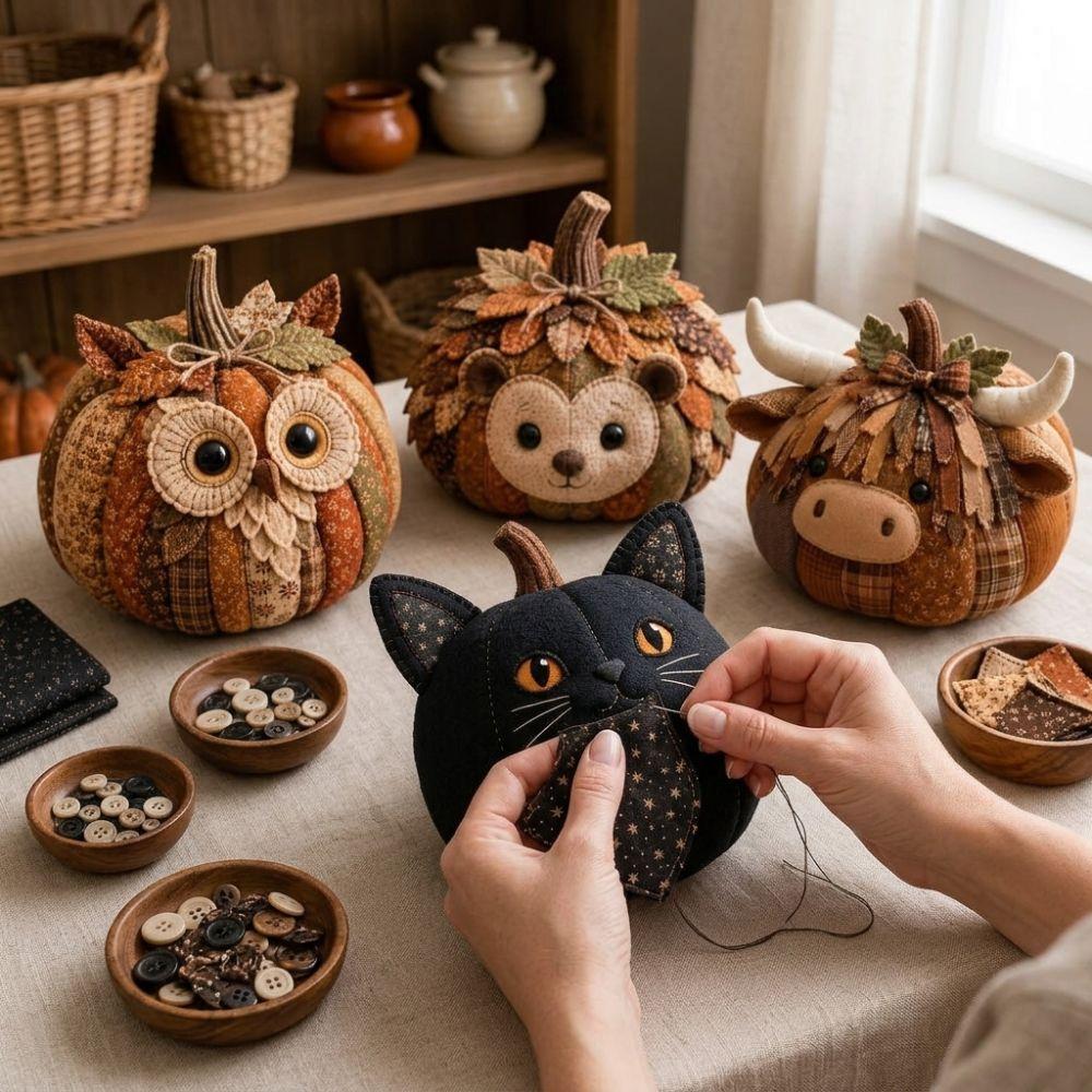 Cow Cat Whimsical Patchwork Pumpkin Fabric Kit Fall Animal Stuffed Patchwork for Hobbyists