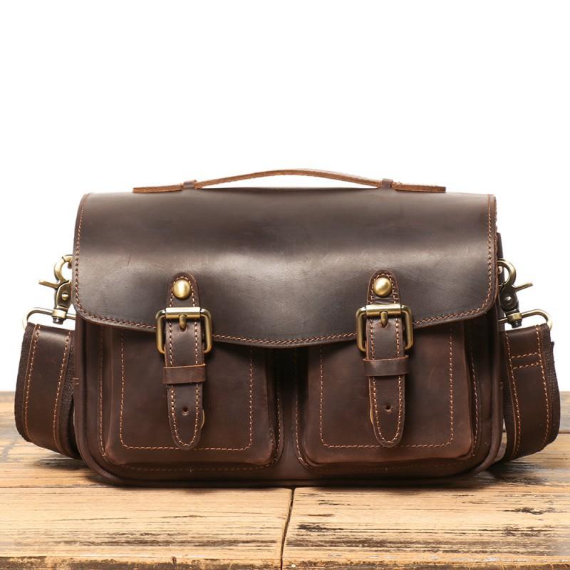 

New European American Retro Men s Casual Leather Digital Camera Crossbody Bag Crazy Horse Photography темно-коричневого