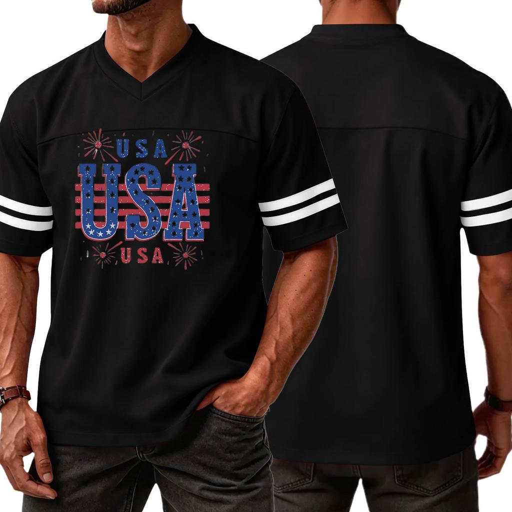 Men V Neck Casual Short Sleeve Sports T Shirt with USA Print Athletic Fit Comfortable Lightweight Top for Daily Wear