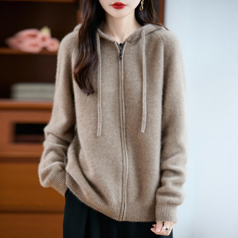 Women's Thick Wool Zipper Hooded Cardigan: Autumn/Winter Fashion, Loose Knit, Long Sleeve Sweater Coat.