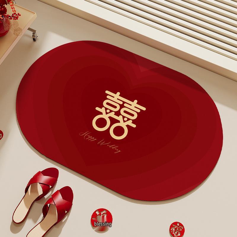 Festive Red Diatomaceous Earth Water-Absorbing Anti-Slip Oval Bathroom Mat