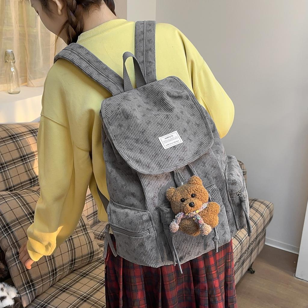 Schoolbag Corduroy Korean Simple Mini Backpack Female Sweet Student Versatile Lightweight Drawstring Commuter Small Backpack