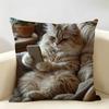 Cute Cat Holding Phone Cushion Cover Natural Linen Organic Fabric DoubleSided Printing Room Sofa Decor Pillow Case