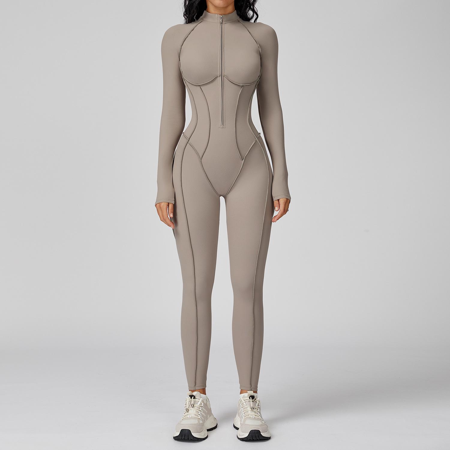 Gestreifter Jumpsuit mit Stehkragen für Damen: Fitness- und Yoga-Oberteil mit halbem Reißverschluss für hochintensiven Sport Extra Large elfenbein