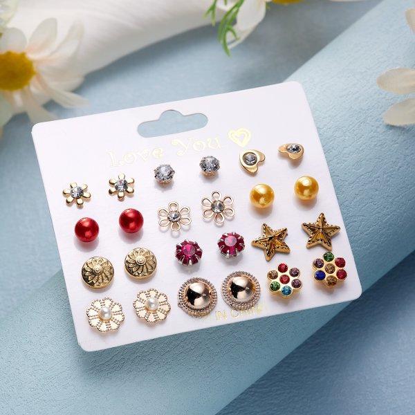 Ensemble de 12 paires de boucles d'oreilles élégantes en alliage de zirconium pour femme