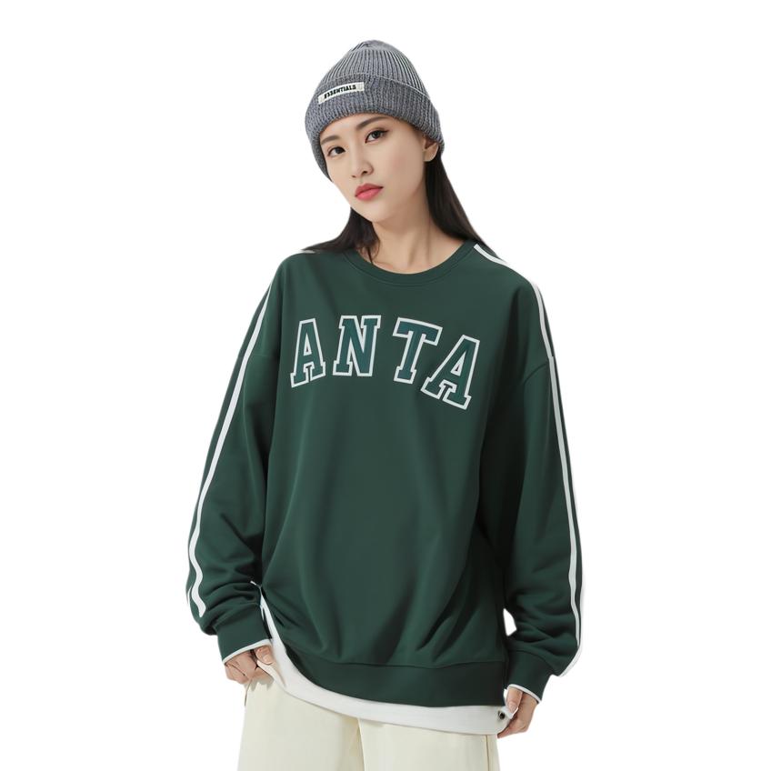 Anta Letter Round Neck Pullover Sweatshirt Unisex Sweatshirt Green 952338704-2