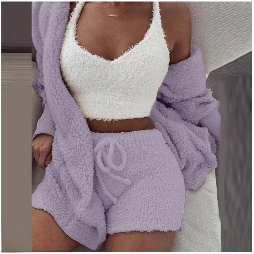 Women's Loose Fit Three Piece Loungewear Long Sleeve Fuzzy Cardigan V Neck Tank Drawstring Waist Shorts Winter Solid Tracksuit