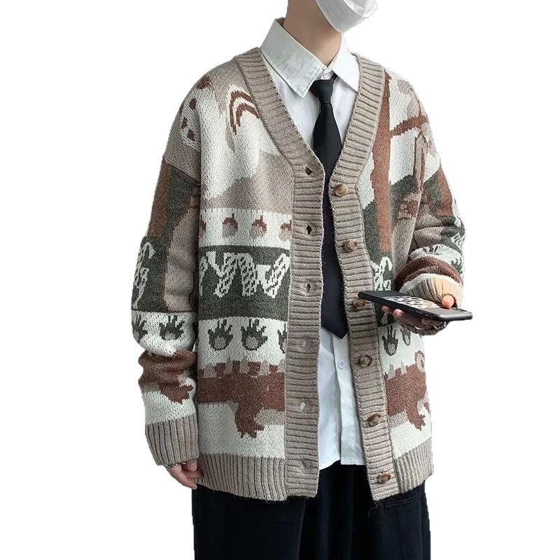 Pánský retro americký kreslený žakárový svetr s V-výstřihem - Trendy, Univerzální, Volný střih s knoflíky pro podzim a zimu
