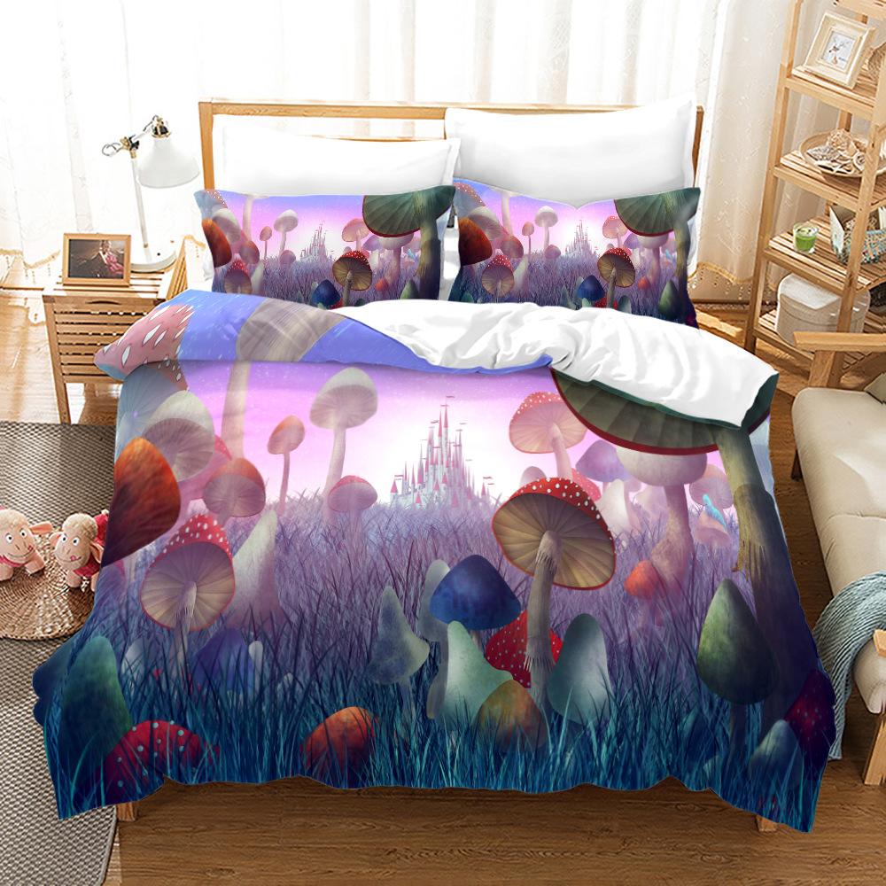 Mushroom Duvet Cover Set King Queen Size Star Purple Blue Trippy Mushroom Pattern Cartoon Polyester Bedding Set for Kid Boy Girl