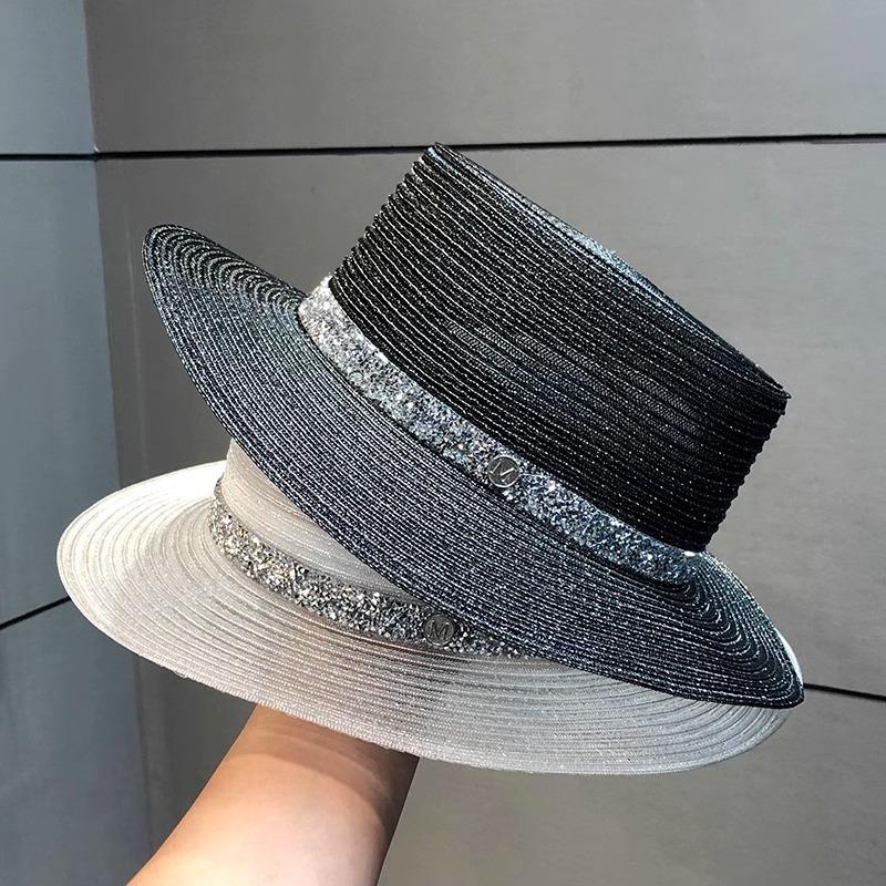 French Retro Flat Top Hat Summer Seaside Socialite Style Breathable Beach Sun Protection Western-Style Hat for Women