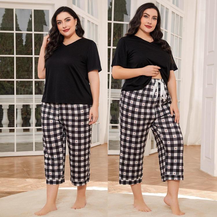 Plus Size Pajamas for Women 2 Piece Sleepwear Set Comfy V Neck Short Sleeve Shirt and Drawstring Long Pants Lounge Wear Home Sleeping Suites