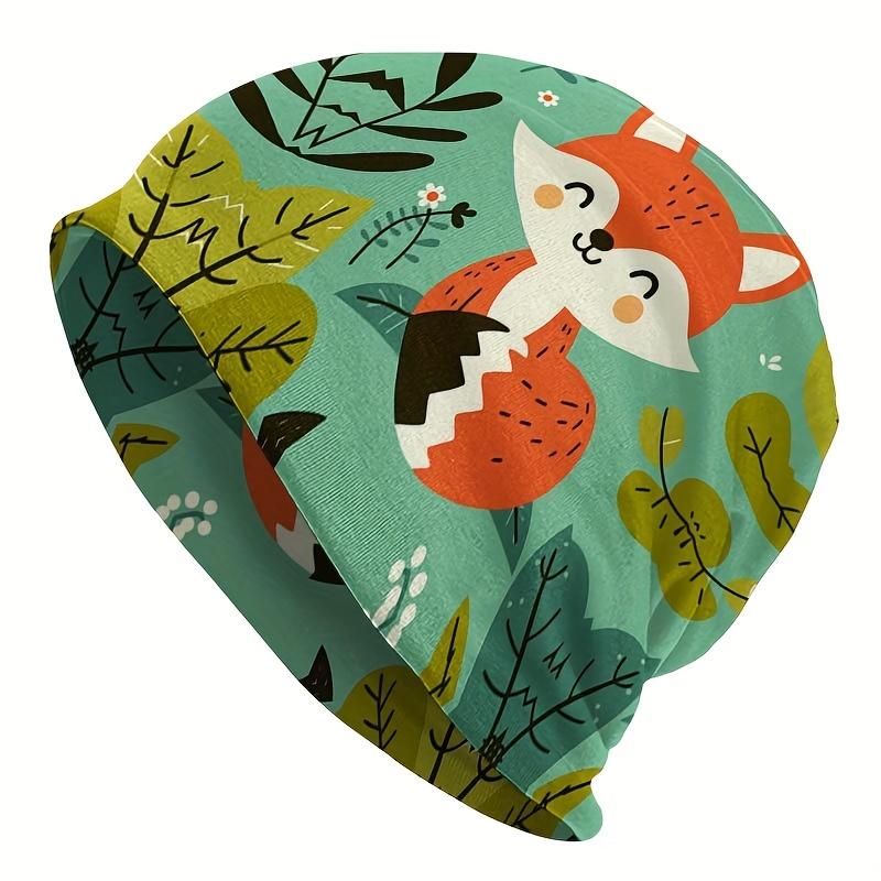 A Street-Style Animal-Themed Knitted Hat Featuring a Cute Orange And White Fox Cartoon Design, Made from Durable Knitted Fabric, Comfortable And Stret