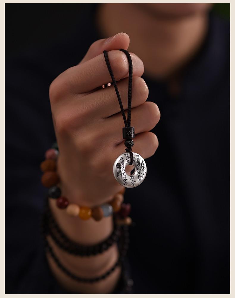 Sterling Silver Bagua Pendant Necklace with Woven Rope - Chinese Style Unisex Design