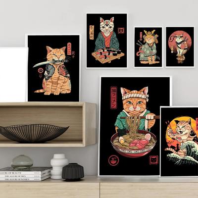 Japanese Samurai Cat Wall Art Neko Ramen Canvas Painting Cartoon Animal Poster Pictures Home Restaurant Bar Decoration Cuadros