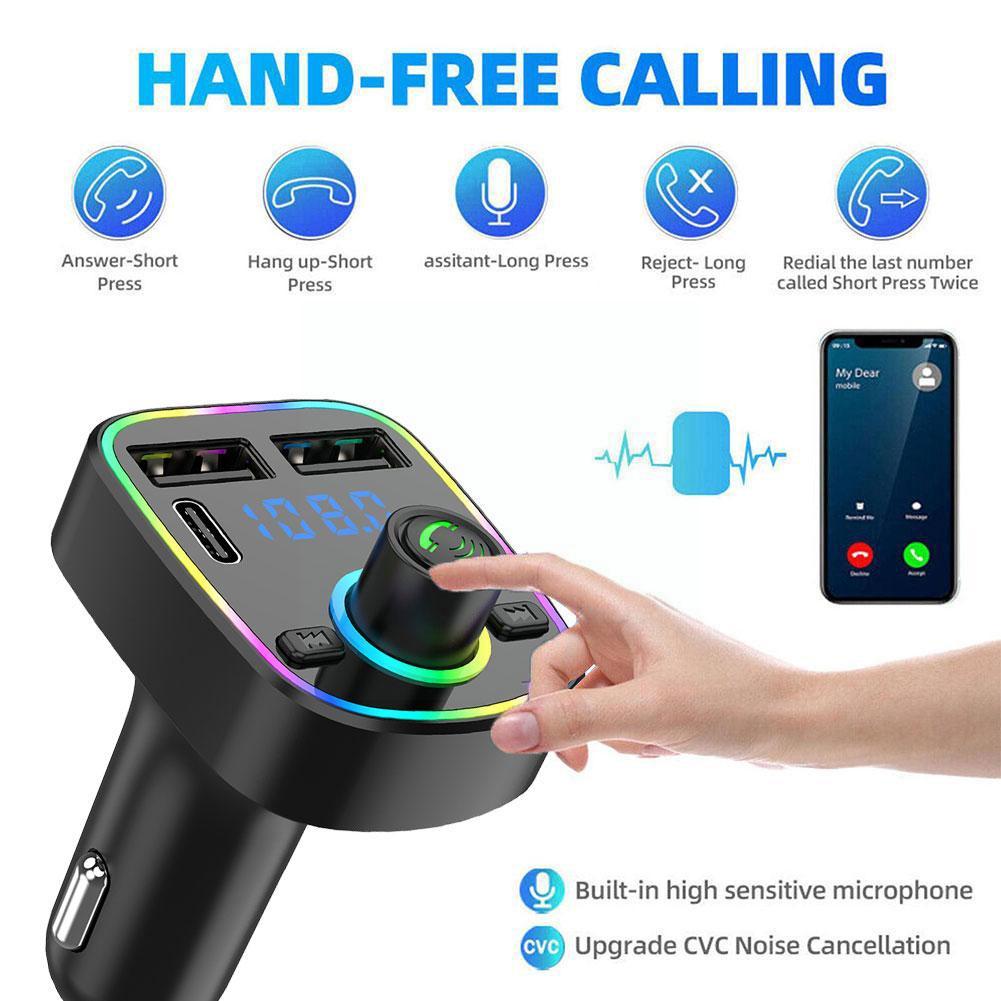 Auto Bluetooth FM Transmitter PD Typ-C Dual USB 3.1A Freisprecheinrichtung Bunter Lichtmodulator Schneller Umgebungsplayer Ladegerät MP3 P7D7