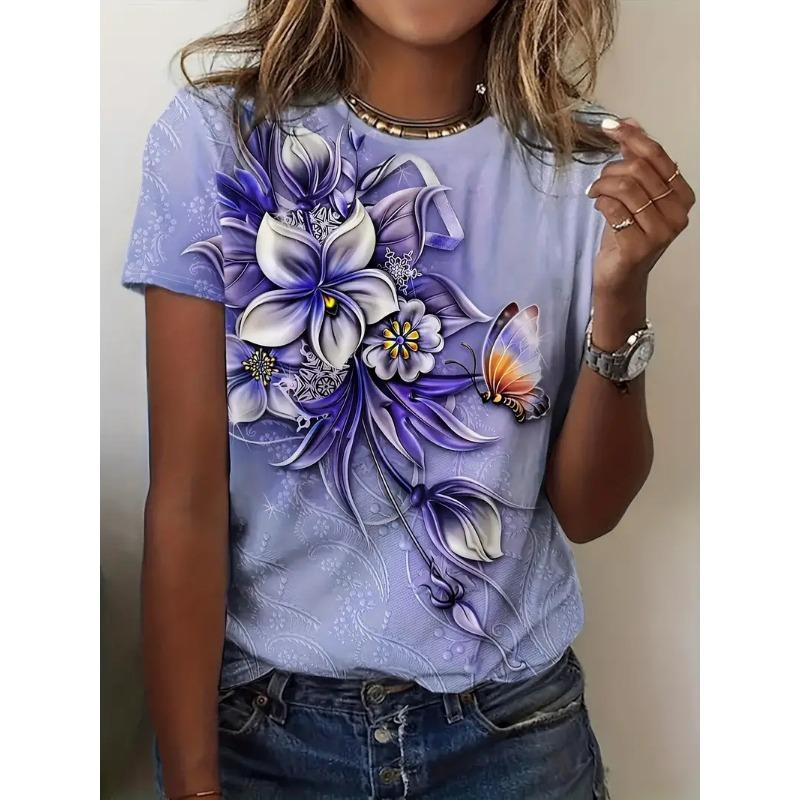 Summer Round Neck Solid Color Short Sleeved Top 3D Flower Pattern Printed Women's T-shirts
