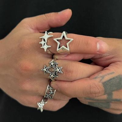 Salircon 5Pcs/set Goth Ancient Silver Color Open Rings Men  Trend Vintage Metal Pentagram Hollow Stars Shape Rings Jewelry
