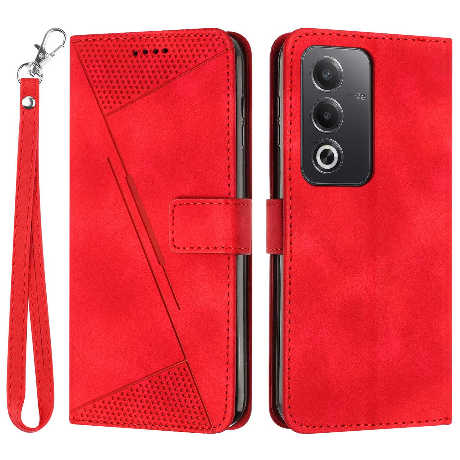 

For Oppo A3 Pro (Global) 5G/A3 Pro (India) 5G/K12x 5G (India) Case Triangle Pattern Leather Phone Cover with Hand Strap Card Slots Red