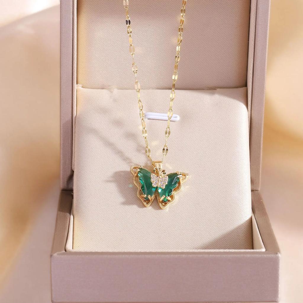 Colorful Zircon Butterfly Pendant Necklaces for Women Girls Stainless Steel Trendy Romantic Jewelry Accessories Gifts