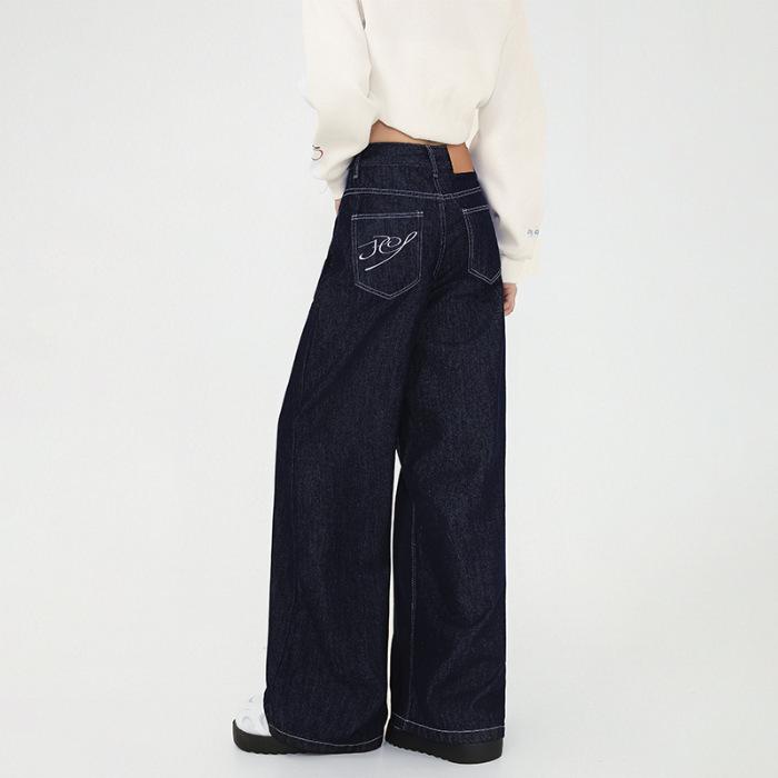 Women s Dark Blue High-Waisted Wide-Leg Jeans with Embroidered Pocket - Autumn 2025 Collection Medium