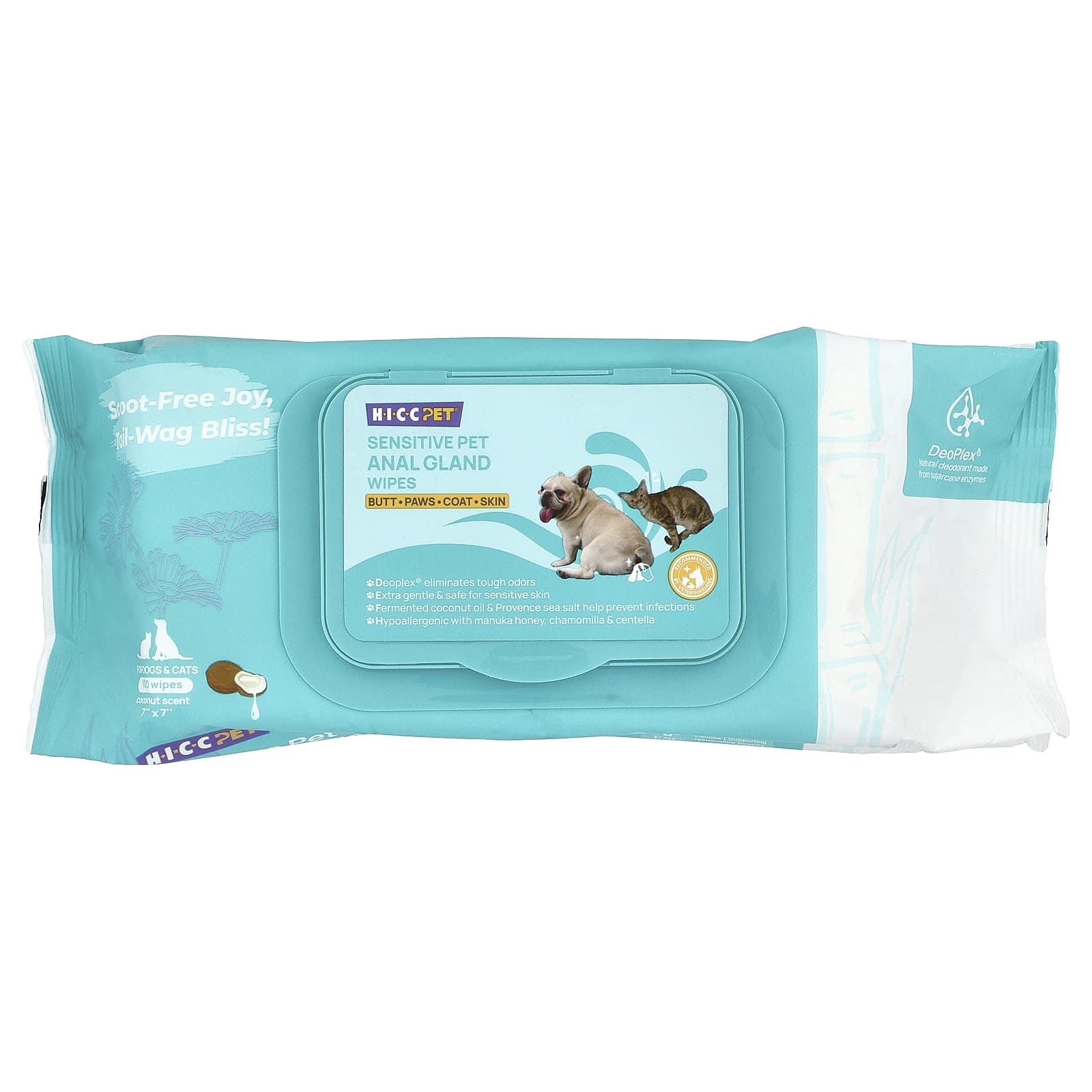 

HICC Pet, Чувствительные салфетки для анальной области питомцев, для собак и кошек, Кокос, 100 штук