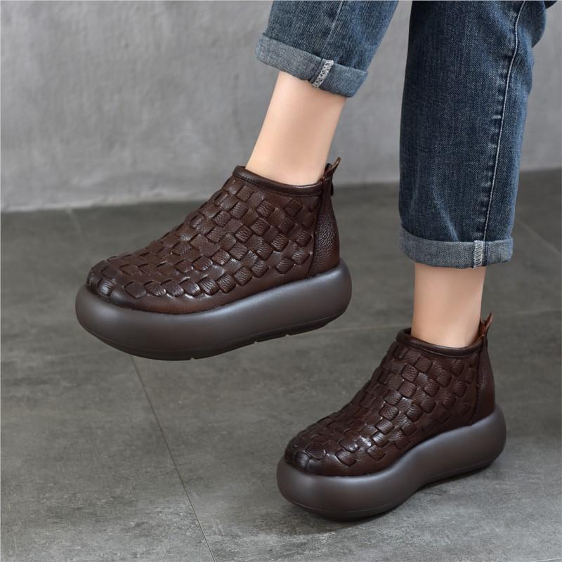 Johnature Retro Handmade Woven Genuine Leather Ankle Boots Women's Platform Shoes