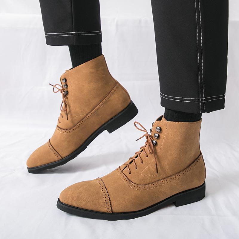 British Style Men's Mid-High Leather Brogue Business Casual Ankle Boots, Fashion Retro Dr. Martens