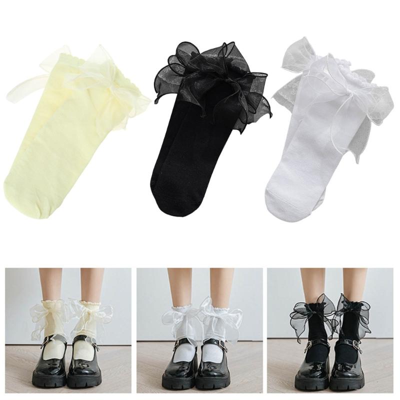 1 Par de Calcetines con Volantes para Mujer Calcetines Tobilleros con Encaje para Niña Calcetines Fruncidos con Lazos Calcetines de Algodón Calcetines de Vestir Estilo Princesa