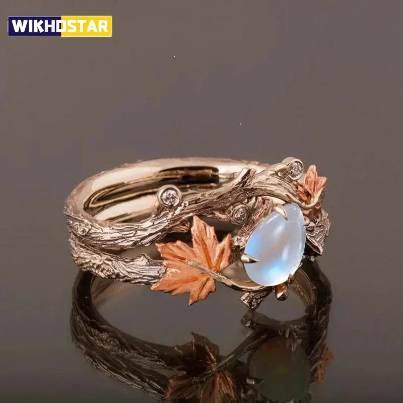 Luxusní Vintage Niche Design Prsten s dvojitou vrstvou Větev stromu Javorový list Ženy Muži Lehký luxus Bílý drahokam Sváteční párty Šperky