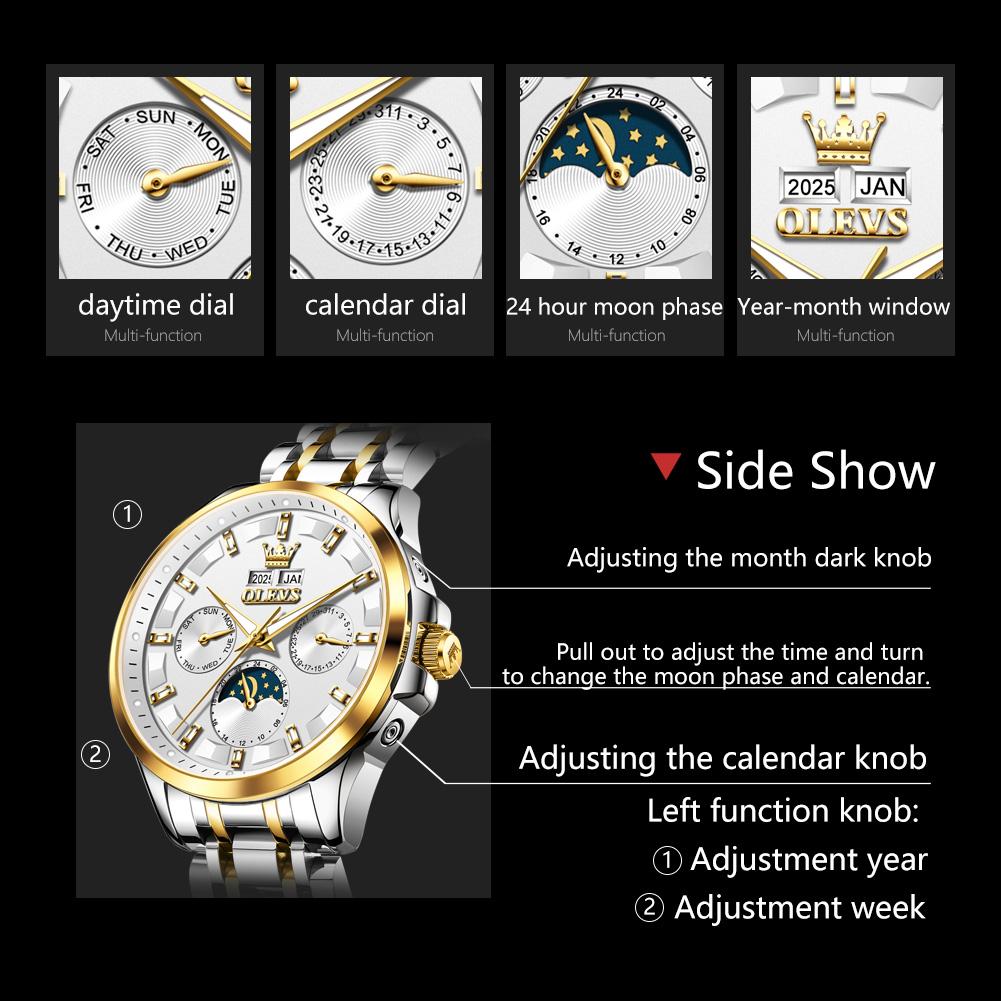 Relojes OLEVS para Hombre 7070 Lujo Moda Original Automático Mecánico para Hombre Calendario Fase Lunar Resistente al Agua Luminoso Fecha