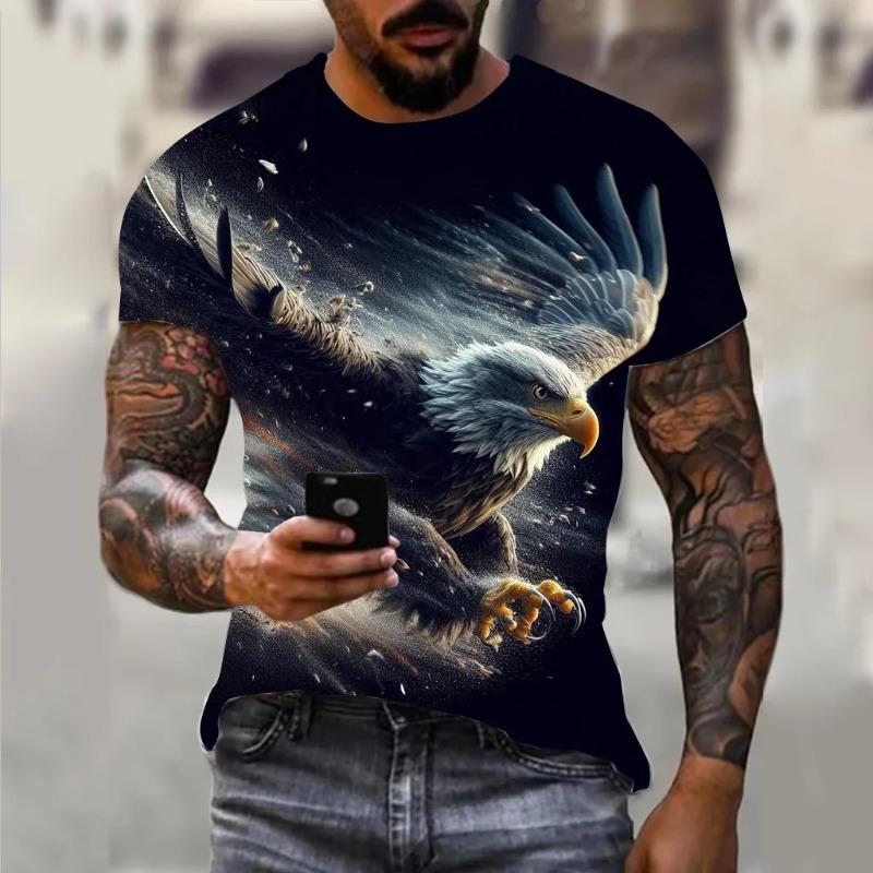Loose Casual Plus Size Men's Short Sleeved T-shirt Eagle Soaring Print Fashionable Daily Comfortable Personalized T-shirt