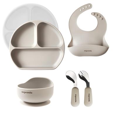 Ange Smile Silicone Dinnerware Includes Meal Plate with Suction Baby Spoon and Meal Greige 6-Piece Set, Plate, Bowl, Non-Tip Cups, Dinnerware, & Fork,