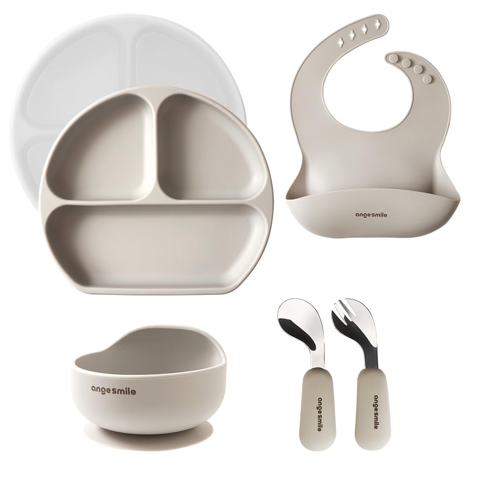 

Ange Smile Silicone Dinnerware Includes Meal Plate with Suction Baby Spoon and Meal Greige 6-Piece Set, Plate, Bowl, Non-Tip Cups, Dinnerware, & Fork,