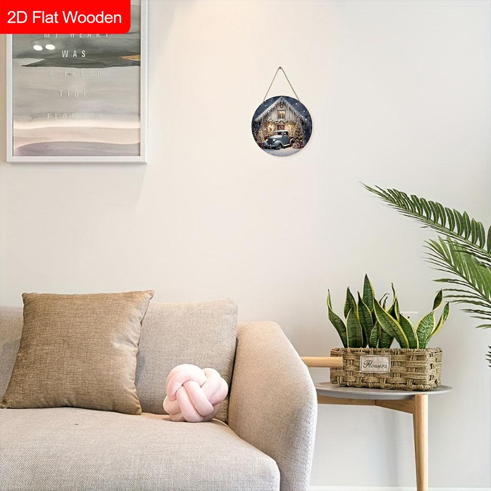 Warm Winter Wooden Christmas Sign with Snowhouse Pattern - Navidad Round Sign for Front Door, Wall Hanging Decor - Ideal Christmas Decoration