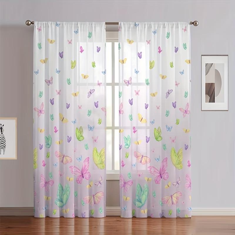 2PC Colorful Butterfly Sheer Curtains - Dreamy Pastel Rainbow Print Window Drapes for Girls Bedroom Kids Room Decor