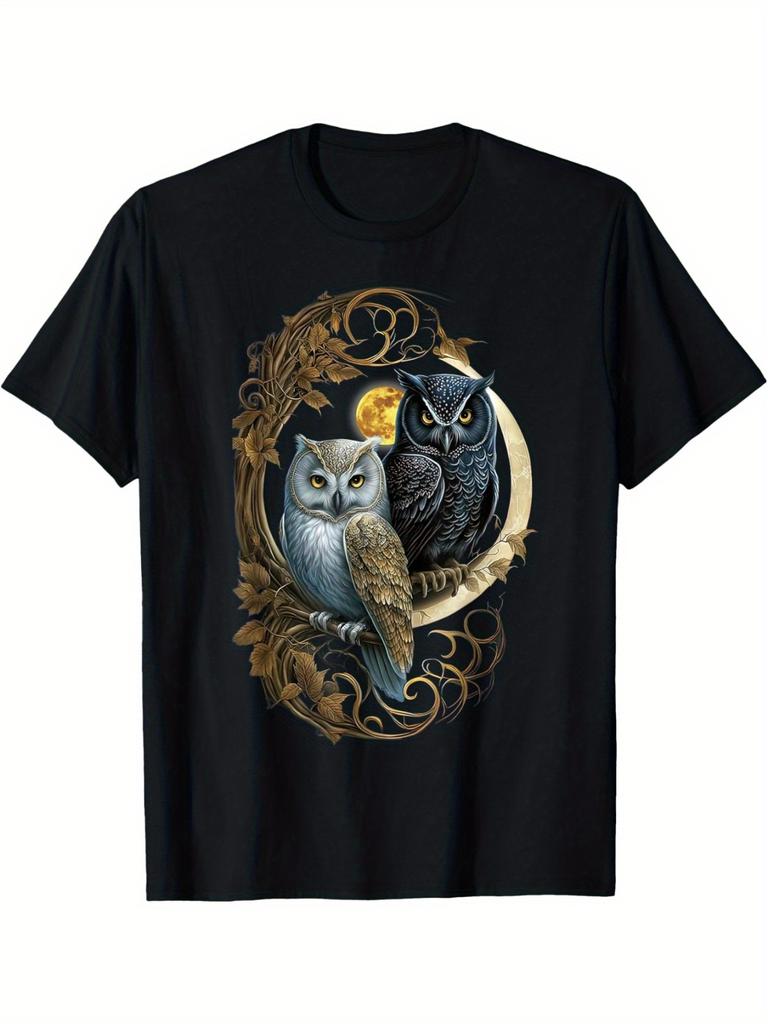 Mystic Moon Owls Graphic Tee Men Breathable Cotton Casual TShirt for Bird Lovers