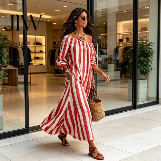 Lightweight Polyester Dress Summer Women Striped Long Dress, Off Shoulder Sleeve Casual Ankle Length Loose Swing with Side Pocket Outfit