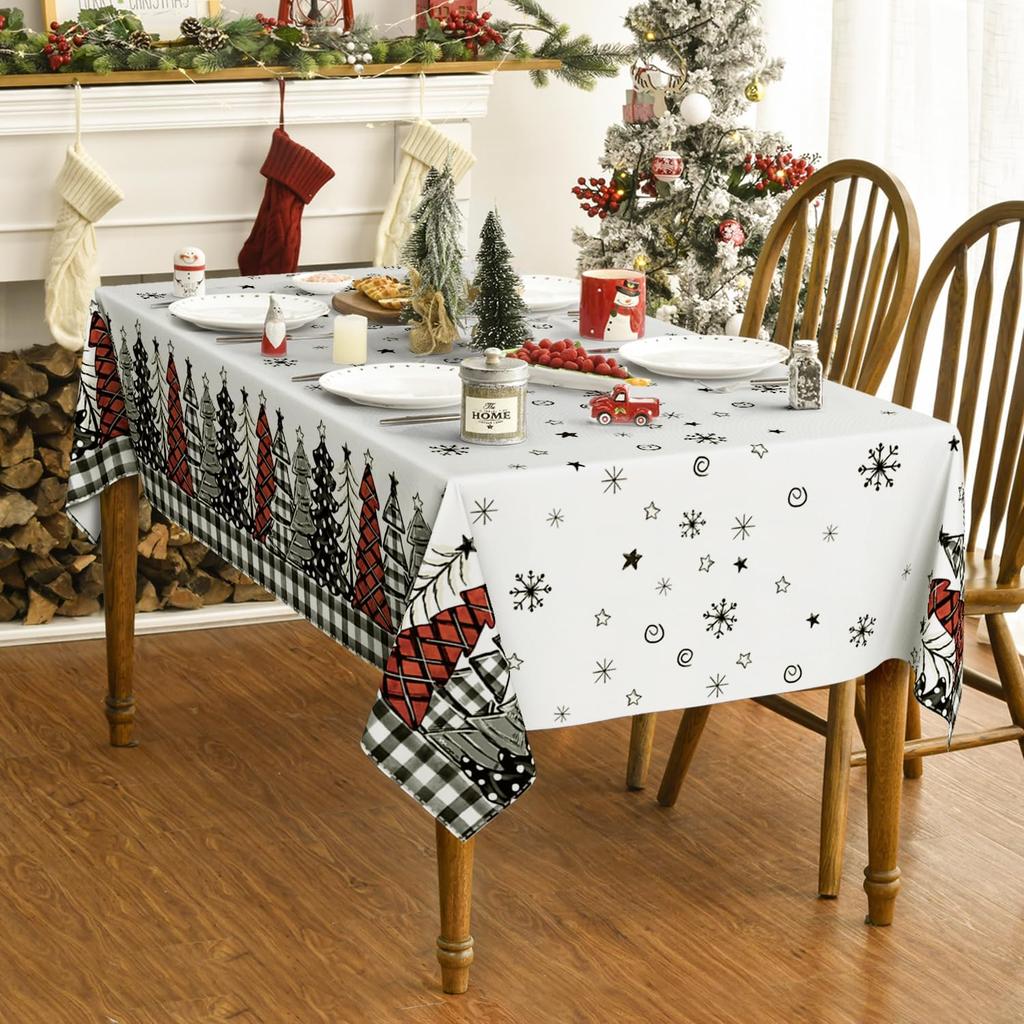 Christmas Trees Buffalo Plaid Black Rectangle Tablecloth Dining Room Decor Waterproof Tablecloth For Table Xmas Party Supplies