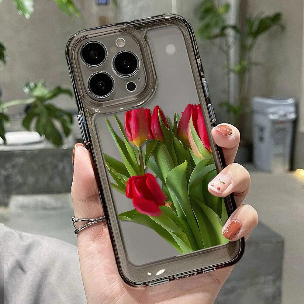 Tulpenblumen-Telefonhülle für iPhone 11 Hülle für iPhone 14 Pro Max 13 12 Pro Max XR XS Max X 7 8 14 Plus SE Stoßfeste transparente Abdeckung