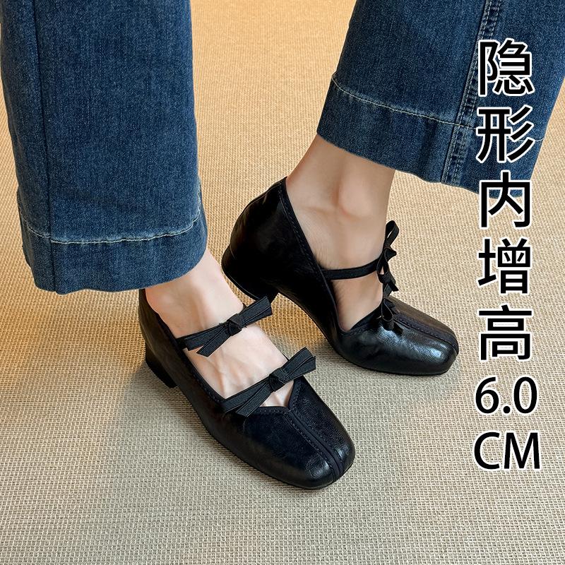 Square Head Retro Bow Mary Jane Shoes Women's Light Mouth Low Heel French Ballet Single Shoes Women