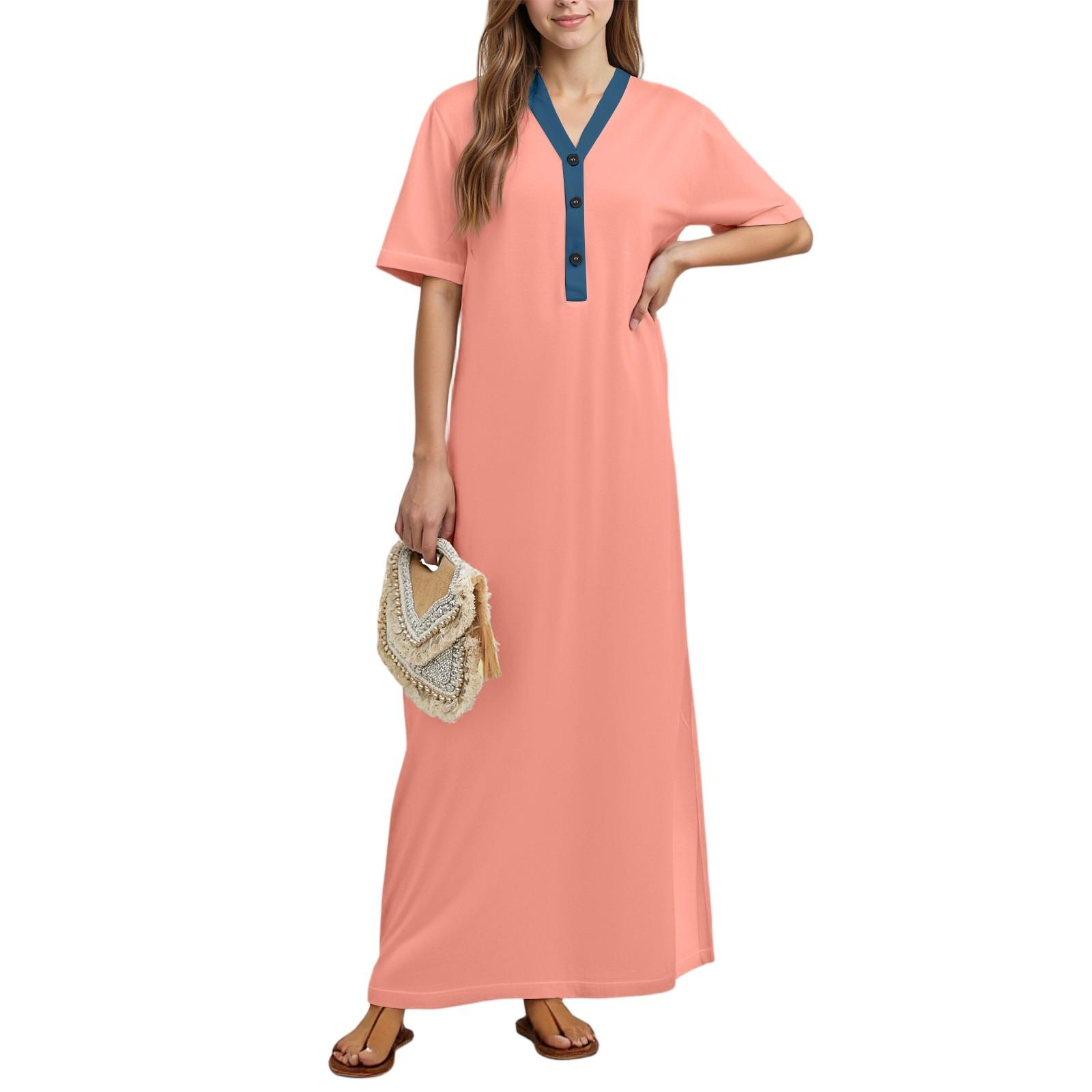 

Женская ночная рубашка Домашняя одежда Ночная рубашка с коротким рукавом и карманами Длинное платье S розовый