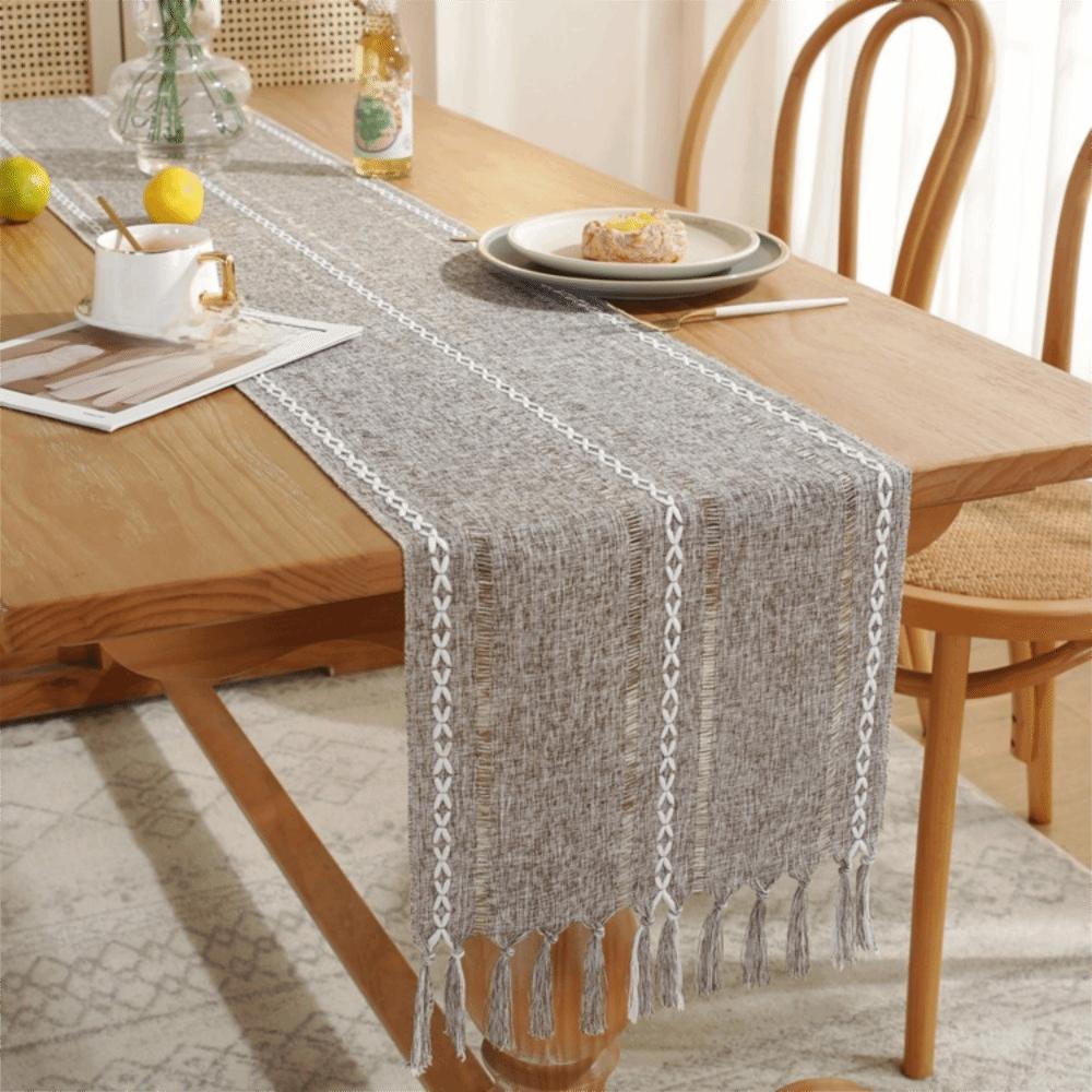 

Household Solid Color Rustic Table Runner Hollow Weaving Rectangular Table Cover With Tassels Dining Table Cloth TV Stand 12.99x72.05 in коричневий
